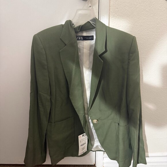 Zara NWT Light army green linen/cotton blazer - Picture 1 of 3
